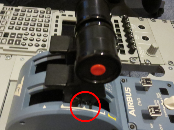 Side view of the thrust lever. The 'Climb' detent is marked red.